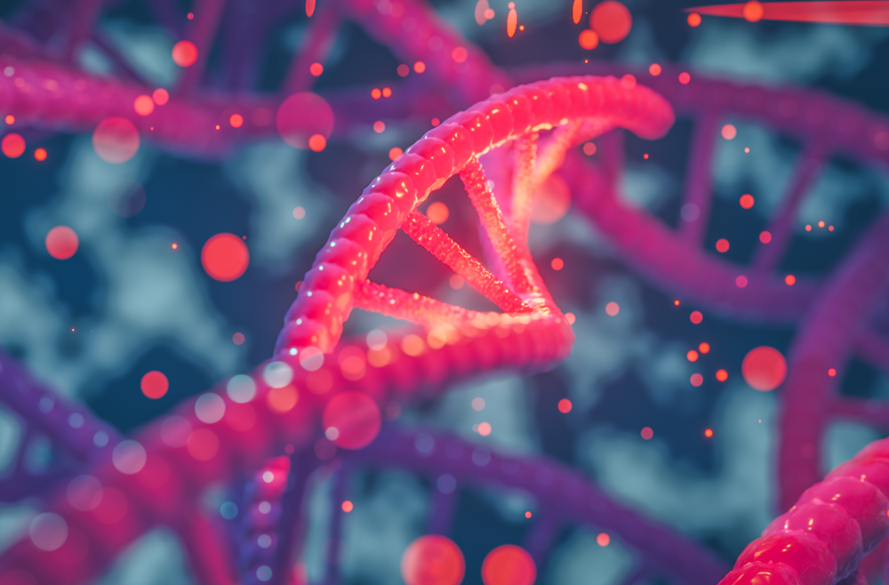 A digital illustration of a neon pink DNA strand